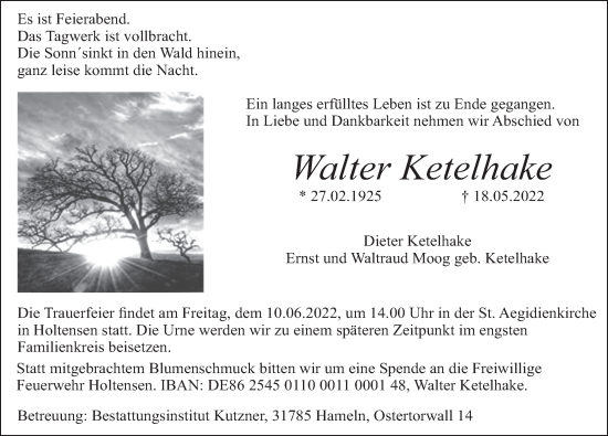 Traueranzeige von Walter Ketelhake von Deister- und Weserzeitung