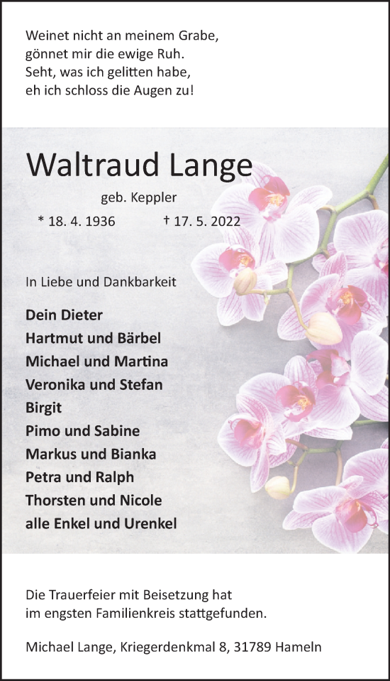 Traueranzeige von Waltraud Lange von Deister- und Weserzeitung