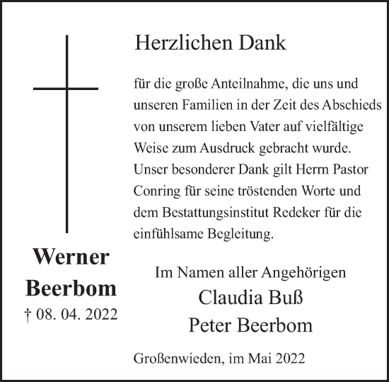 Traueranzeige von Werner Beerbom von Deister- und Weserzeitung