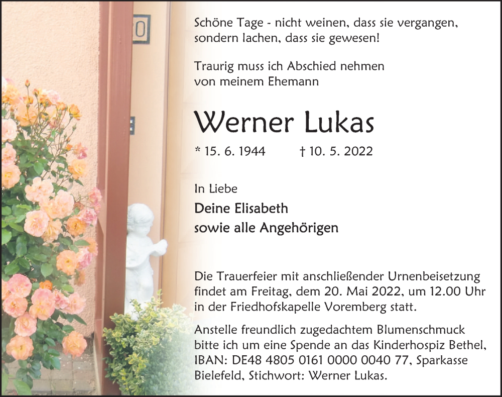  Traueranzeige für Werner Lukas vom 14.05.2022 aus Deister- und Weserzeitung