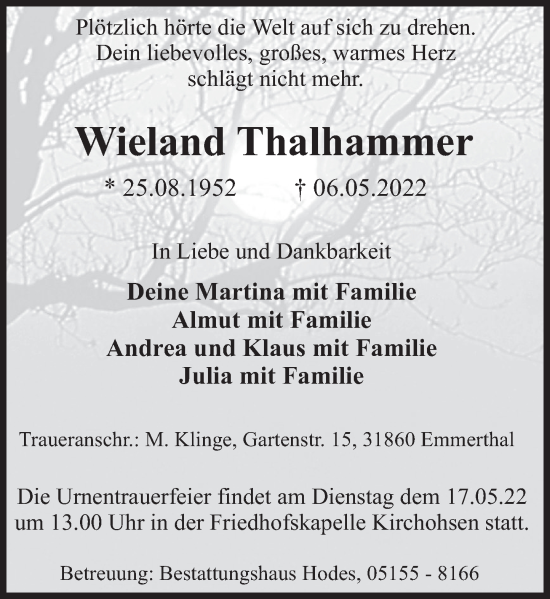Traueranzeige von Wieland Thalhammer von Deister- und Weserzeitung