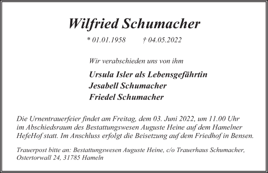 Traueranzeige von Wilfried Schumacher von Deister- und Weserzeitung