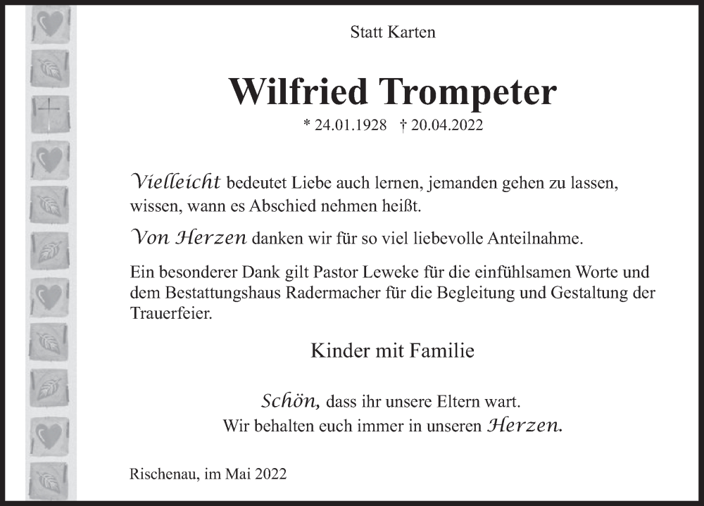  Traueranzeige für Wilfried Trompeter vom 21.05.2022 aus Deister- und Weserzeitung