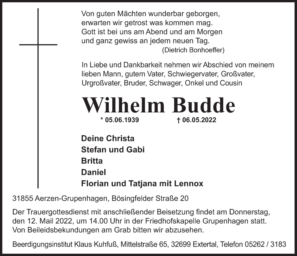  Traueranzeige für Wilhelm Budde vom 10.05.2022 aus Deister- und Weserzeitung