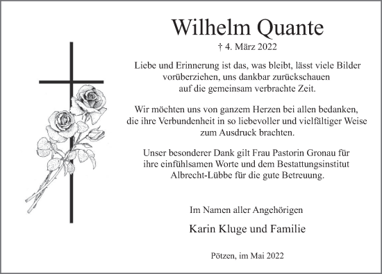 Traueranzeige von Wilhelm Quante von Deister- und Weserzeitung