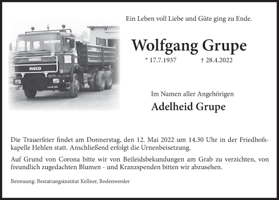 Traueranzeige von Wolfgang Grupe von Deister- und Weserzeitung