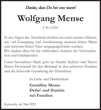 Traueranzeige von Wolfgang Mense von Deister- und Weserzeitung