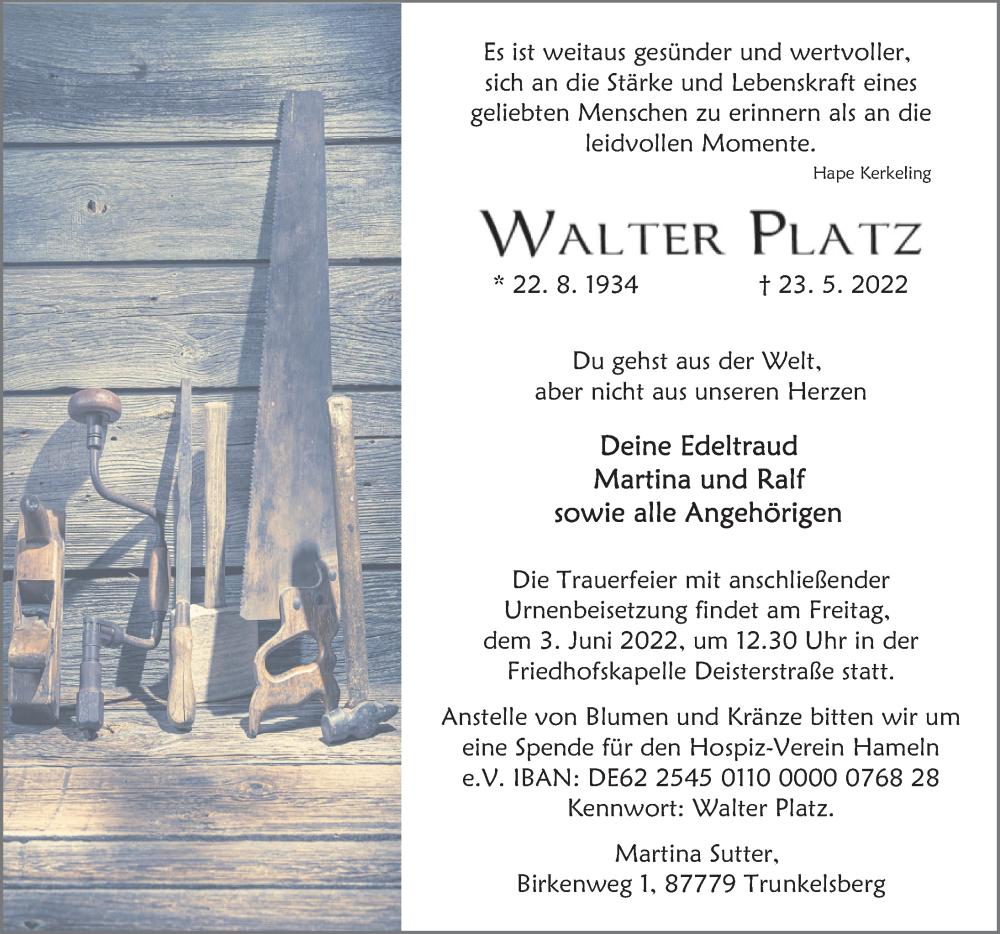  Traueranzeige für Walter Platz vom 31.05.2022 aus 