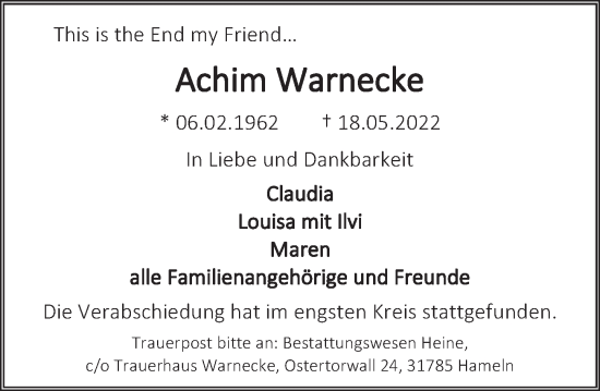 Traueranzeige von Achim Warnecke von Deister- und Weserzeitung