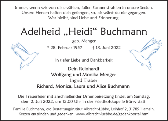 Traueranzeige von Adelheid Buchmann von Deister- und Weserzeitung