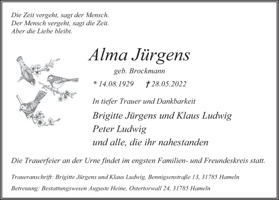 Traueranzeige von Alma Jürgens von Deister- und Weserzeitung