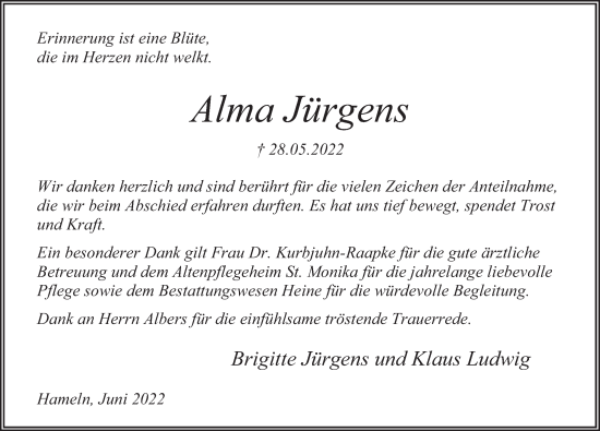 Traueranzeige von Alma Jürgens von Deister- und Weserzeitung