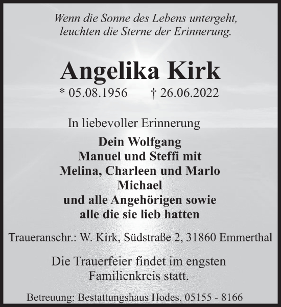 Traueranzeige von Angelika Kirk von Deister- und Weserzeitung
