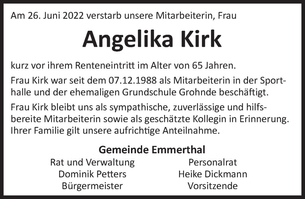  Traueranzeige für Angelika Kirk vom 02.07.2022 aus Deister- und Weserzeitung