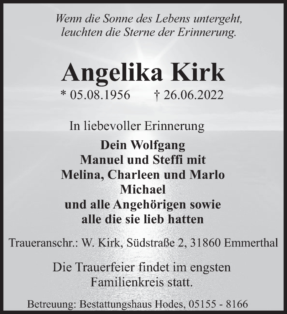  Traueranzeige für Angelika Kirk vom 02.07.2022 aus Deister- und Weserzeitung