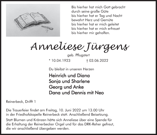 Traueranzeige von Anneliese Jürgens von Deister- und Weserzeitung