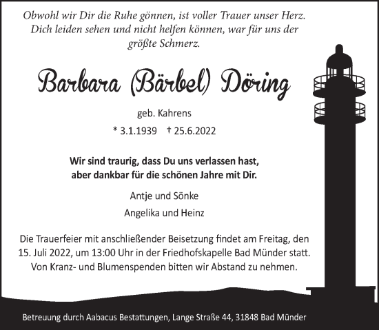 Traueranzeige von Barbara Döring von Neue Deister-Zeitung