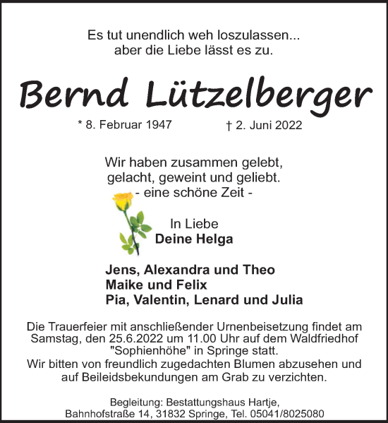 Traueranzeige von Bernd Lützelberger von Neue Deister-Zeitung