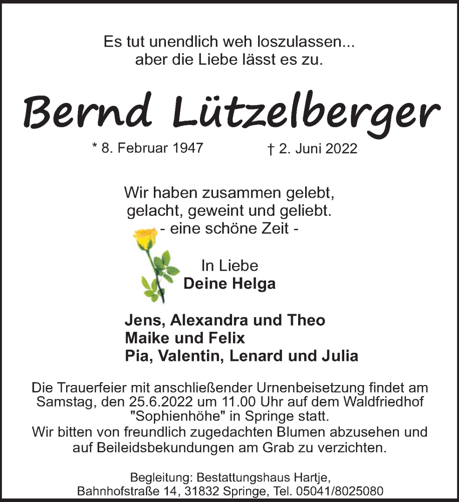  Traueranzeige für Bernd Lützelberger vom 11.06.2022 aus Neue Deister-Zeitung