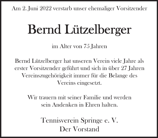 Traueranzeige von Bernd Lützelberger von Neue Deister-Zeitung