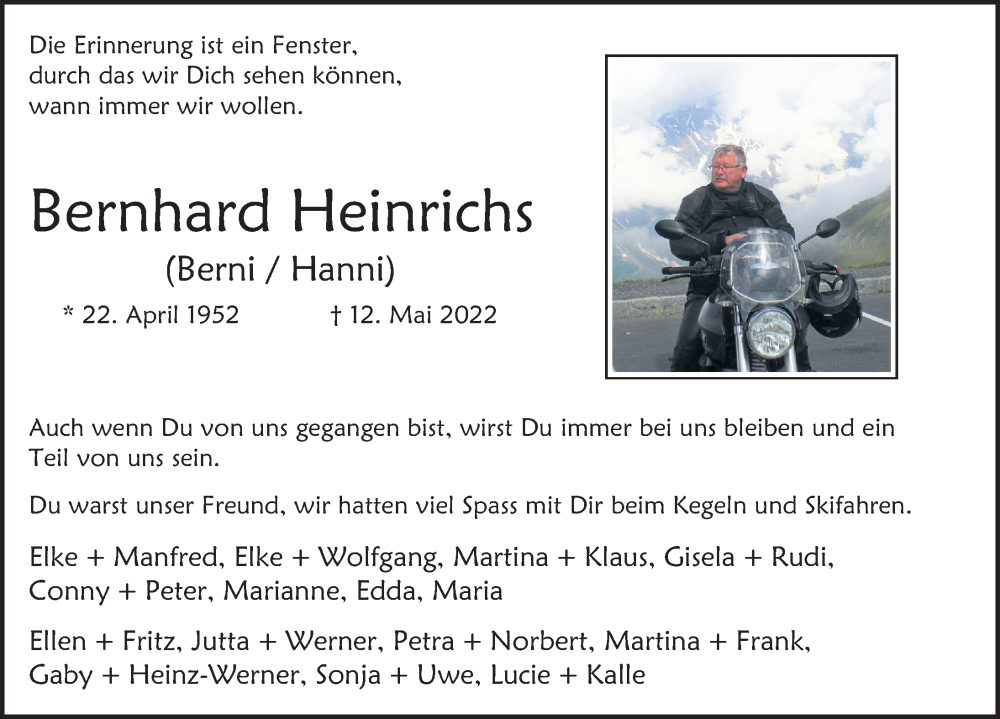  Traueranzeige für Bernhard Heinrichs vom 11.06.2022 aus Deister- und Weserzeitung