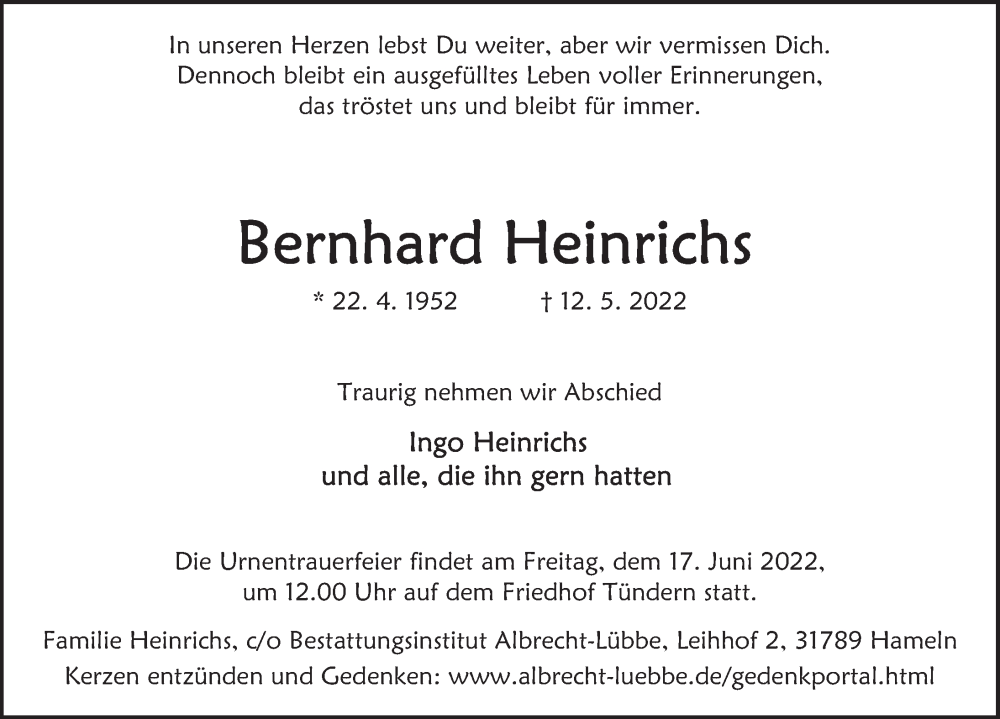  Traueranzeige für Bernhard Heinrichs vom 11.06.2022 aus Deister- und Weserzeitung