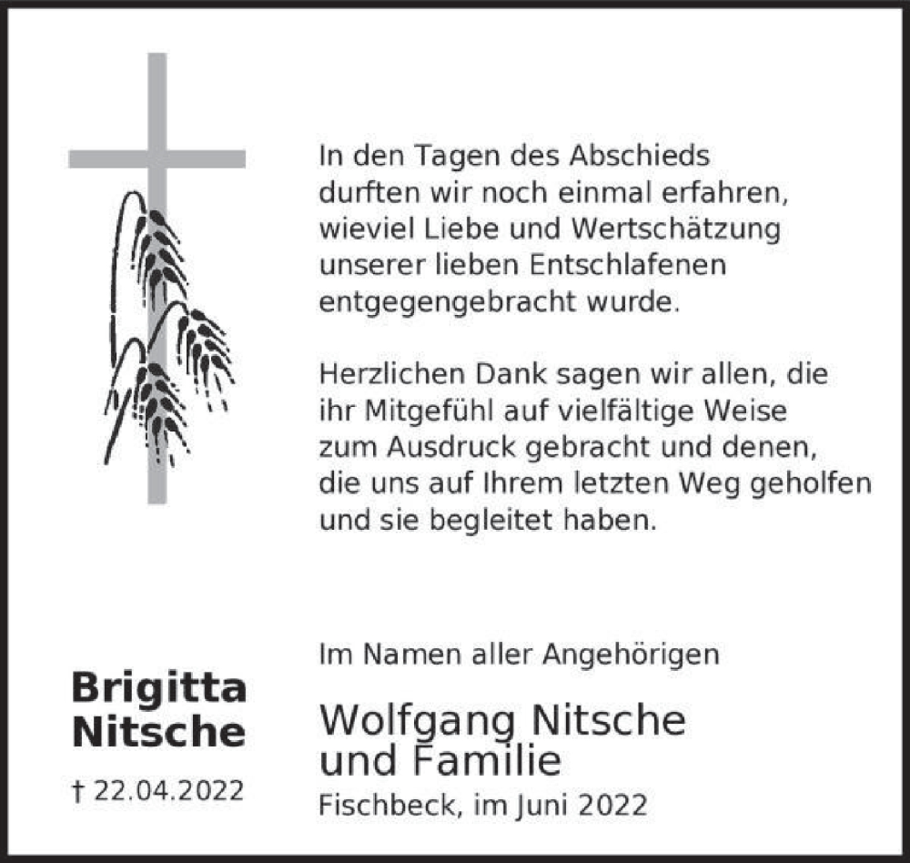  Traueranzeige für Brigitta Nitsche vom 11.06.2022 aus Deister- und Weserzeitung