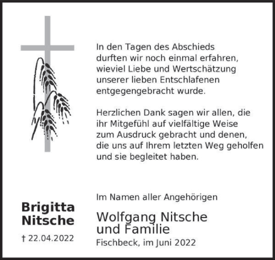 Traueranzeige von Brigitta Nitsche von Deister- und Weserzeitung