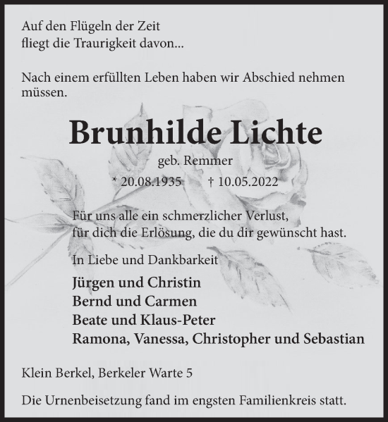 Traueranzeige von Brunhilde Lichte von Deister- und Weserzeitung