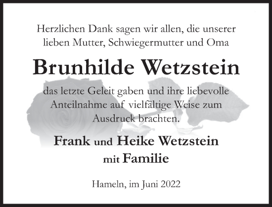 Traueranzeige von Brunhilde Wetzstein von Deister- und Weserzeitung