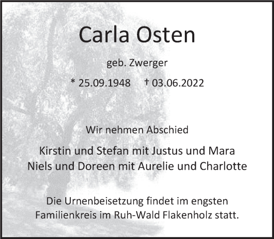 Traueranzeige von Carla Osten von Deister- und Weserzeitung