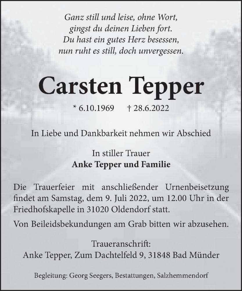  Traueranzeige für Carsten Tepper vom 02.07.2022 aus Neue Deister-Zeitung
