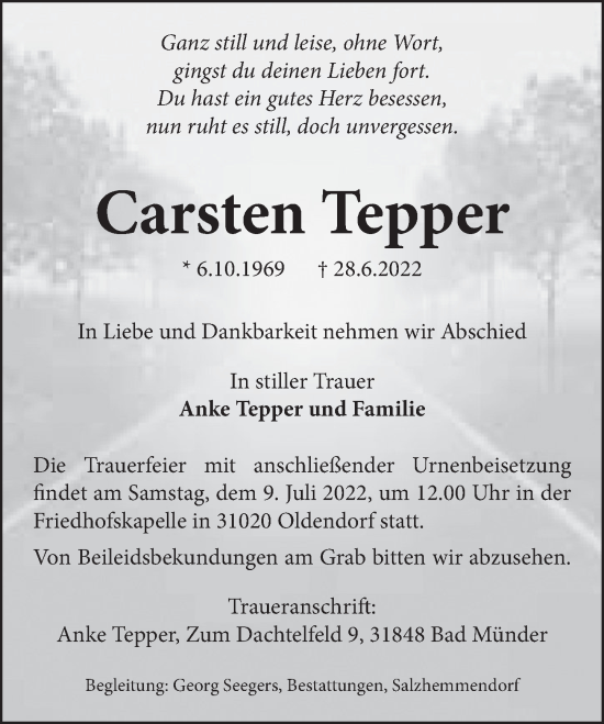 Traueranzeige von Carsten Tepper von Neue Deister-Zeitung