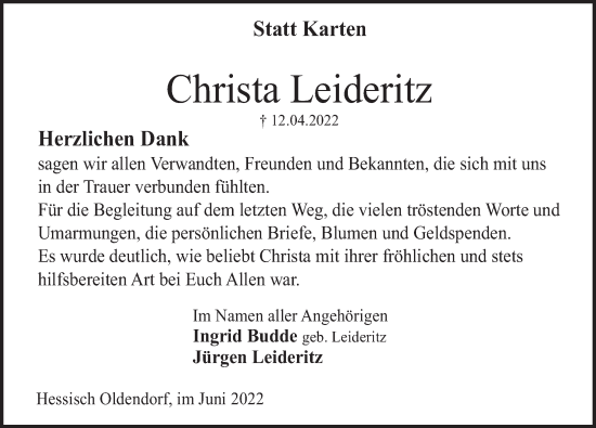 Traueranzeige von Christa Leideritz von Deister- und Weserzeitung