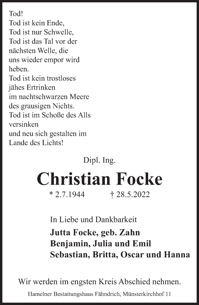  Traueranzeige für Christian Focke vom 03.06.2022 aus Deister- und Weserzeitung