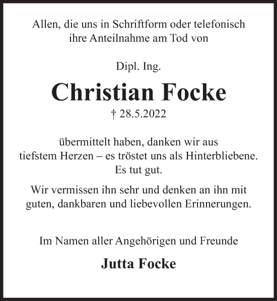 Traueranzeige von Christian Focke von Deister- und Weserzeitung