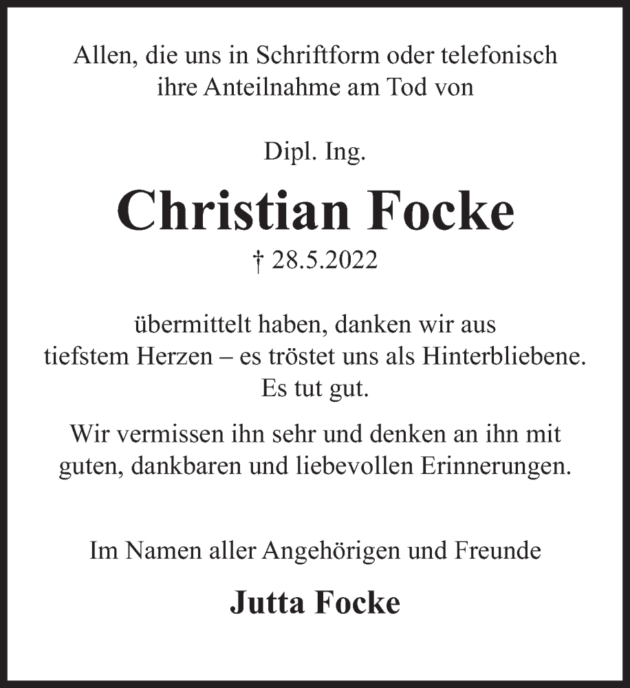  Traueranzeige für Christian Focke vom 18.06.2022 aus Deister- und Weserzeitung