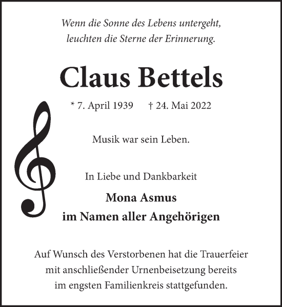 Traueranzeige von Claus Bettels von Neue Deister-Zeitung