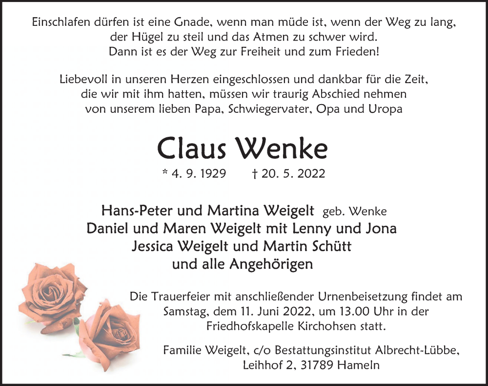  Traueranzeige für Claus Wenke vom 04.06.2022 aus Deister- und Weserzeitung