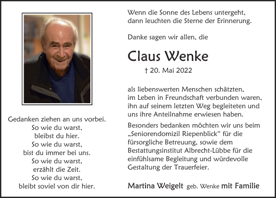 Traueranzeige von Claus Wenke von Deister- und Weserzeitung