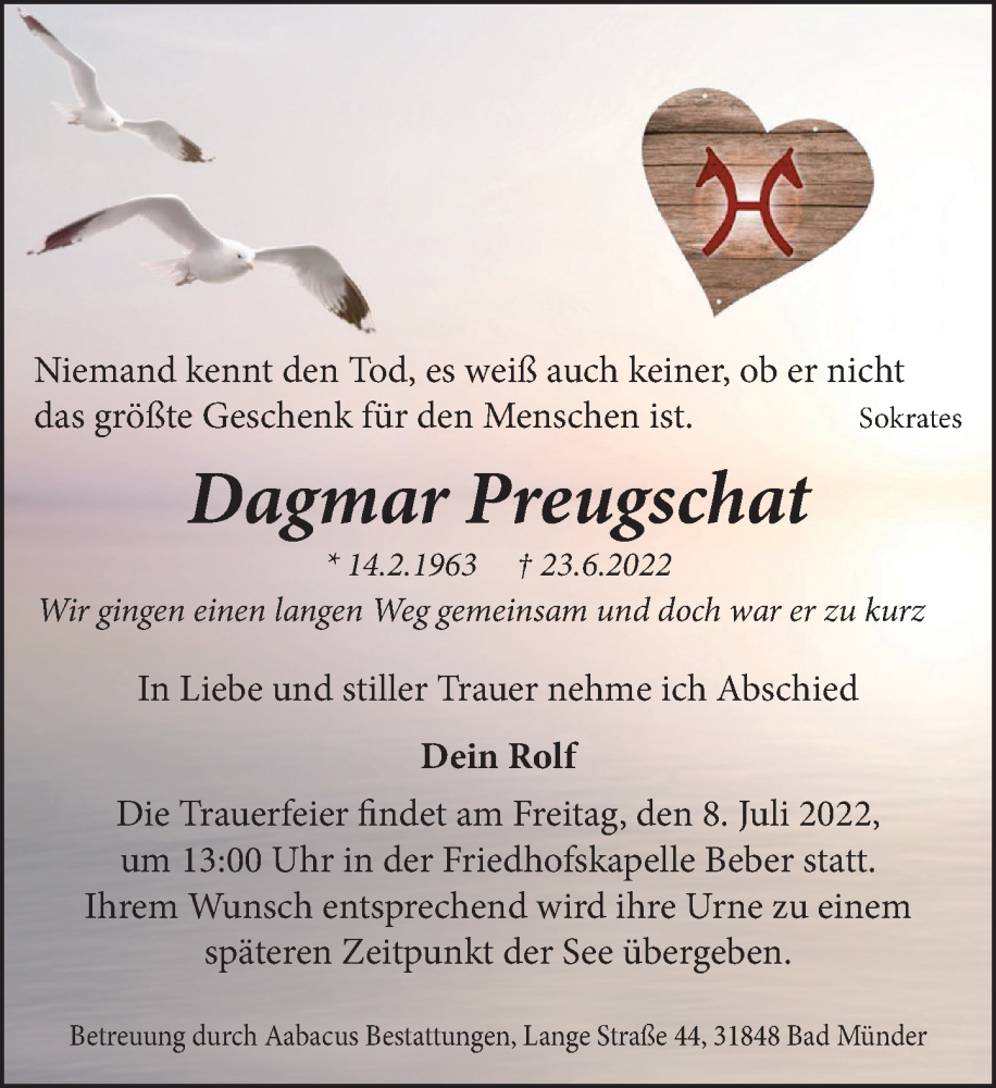  Traueranzeige für Dagmar Preugschat vom 02.07.2022 aus Neue Deister-Zeitung