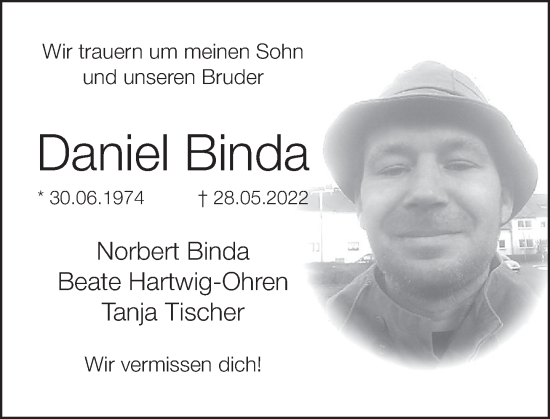 Traueranzeige von Daniel Binda von Deister- und Weserzeitung