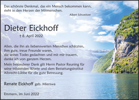 Traueranzeige von Dieter Eickhoff von Deister- und Weserzeitung