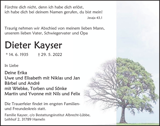 Traueranzeige von Dieter Kayser von Deister- und Weserzeitung
