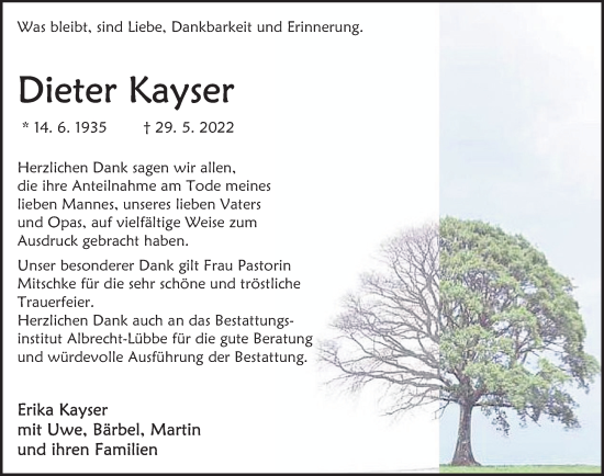Traueranzeige von Dieter Kayser von Deister- und Weserzeitung