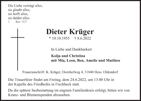 Traueranzeige von Dieter Krüger von Deister- und Weserzeitung