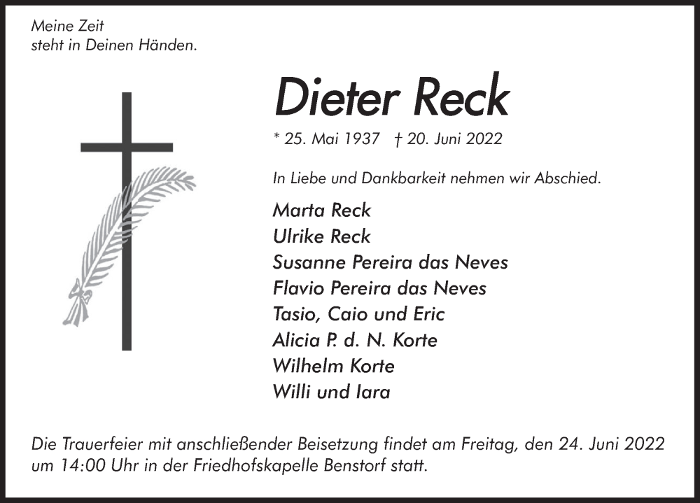  Traueranzeige für Dieter Reck vom 23.06.2022 aus Deister- und Weserzeitung