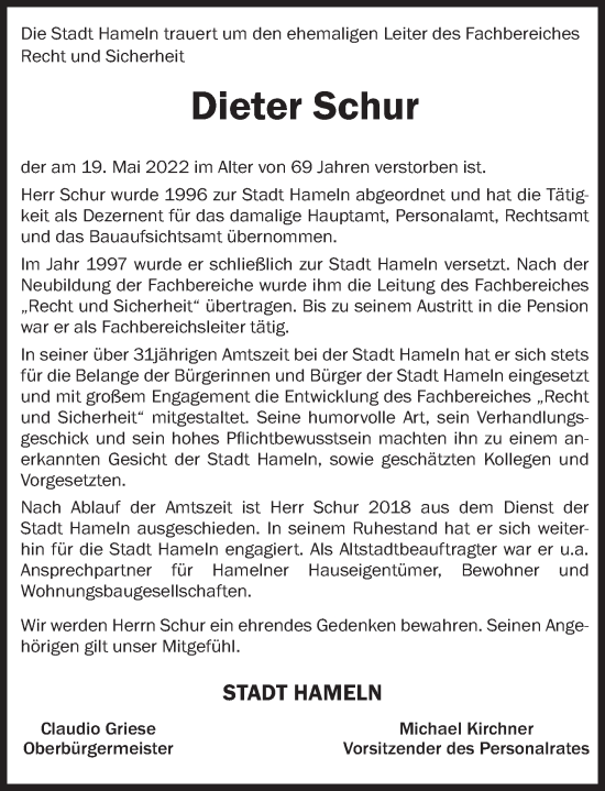 Traueranzeige von Dieter Schur von Deister- und Weserzeitung