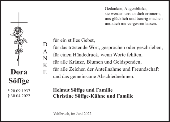 Traueranzeige von Dora Söffge von Deister- und Weserzeitung