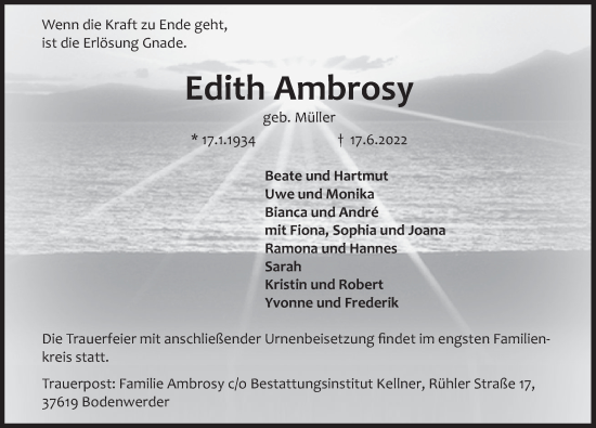 Traueranzeige von Edith Ambrosy von Deister- und Weserzeitung